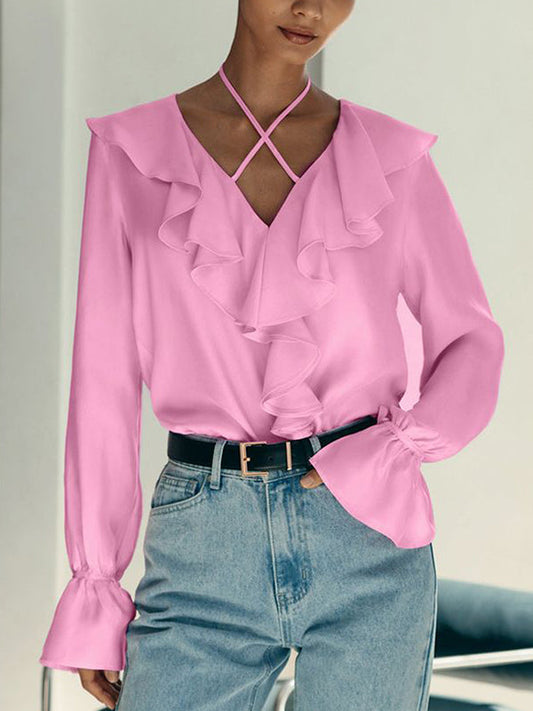 Long Sleeves Loose Falbala Lace-Up Solid Color Split-Joint V-Neck Blouses