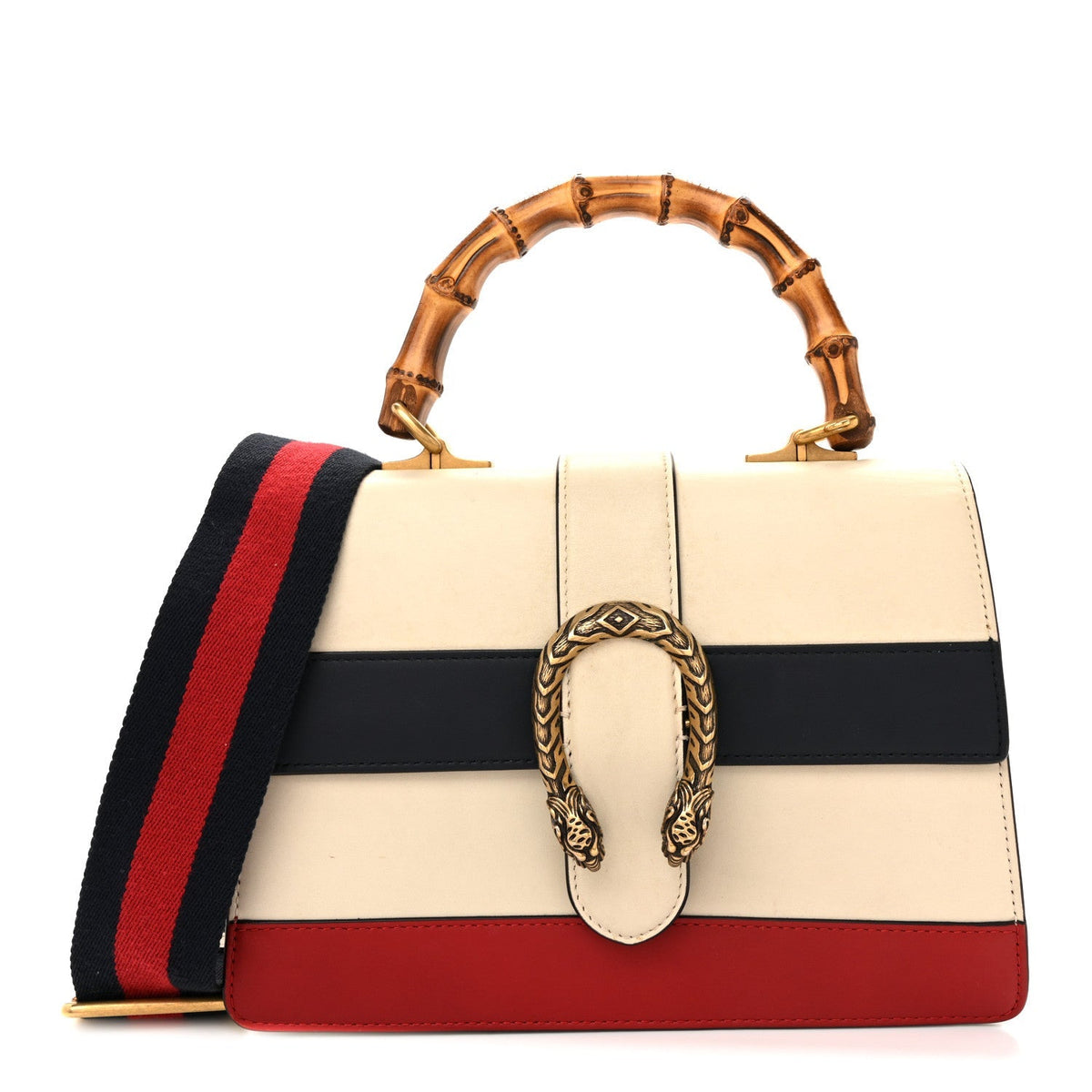 Calfskin Bamboo Web Medium Dionysus Top Handle Bag White Blue Hibiscus Red