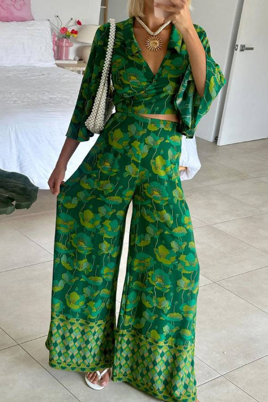 Casual V-Neck Lace-Up Top \u0026 Pants Two-Piece Set
