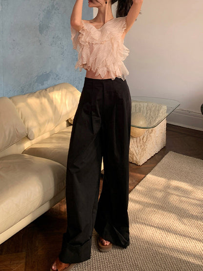 High Waisted Wide Leg Pleated Solid Color Casual Pants Bottoms Flared Trousers