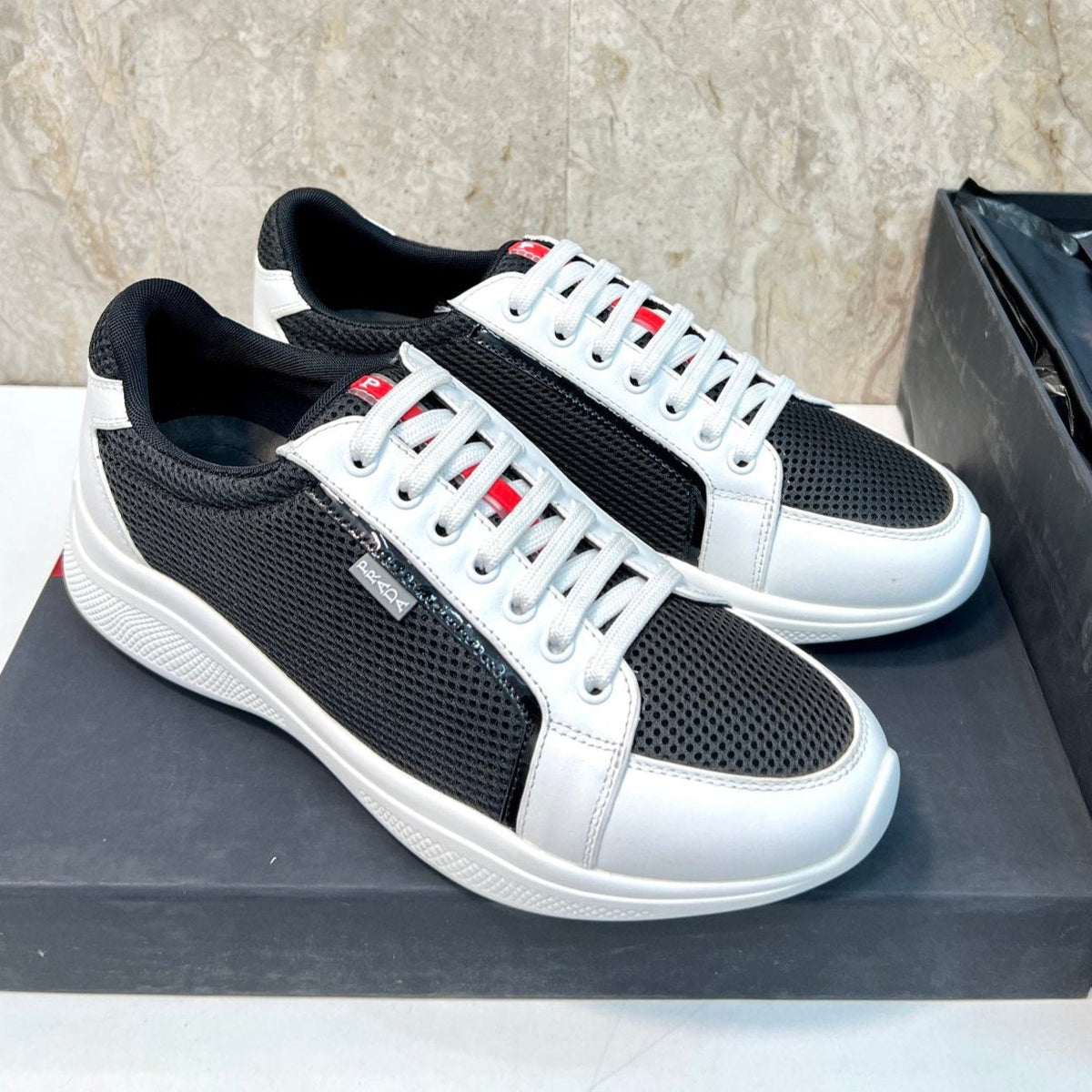PRA SNEAKER WHITE MIX BLACK CALFSKIN AND MESH FABRIC