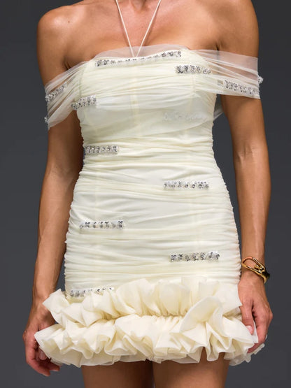 Isla Ivory Off-Shoulder Crystal-Embellished Ruched Mini Dress