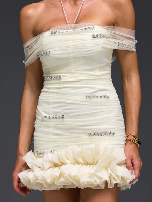 Isla Ivory Off-Shoulder Crystal-Embellished Ruched Mini Dress