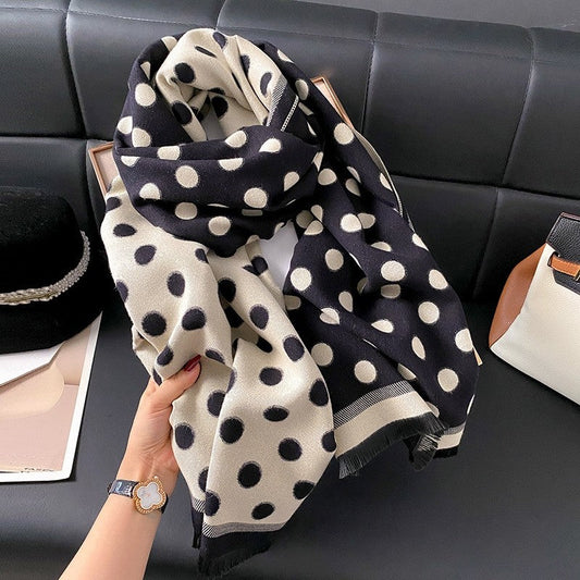Double Sided Color Blocked Thick Warm Shawl With Polka Dots