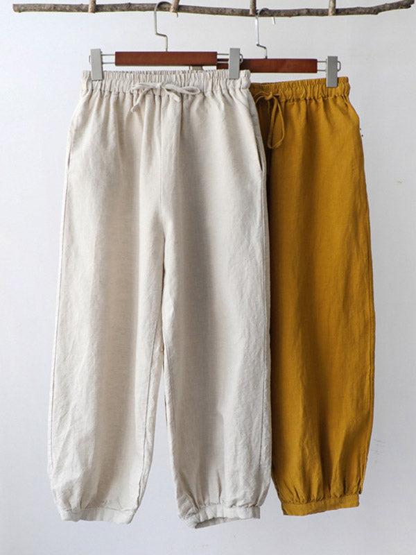 Simple Linen Solid Color Elasticity Waist Loose Knickerbockers&Capri-Pants