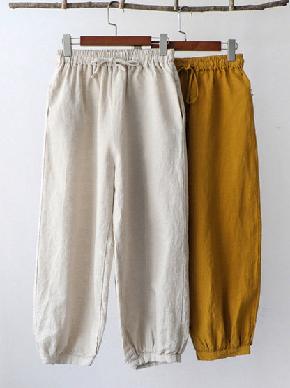 Simple Linen Solid Color Elasticity Waist Loose Knickerbockers&Capri-Pants