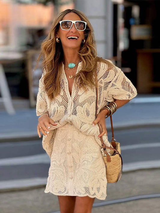2024 Fashion Cut Out Women Mini Skirts Suits Elegant V-Neck Short Sleeve Single Breasted Top Sets New Female High Street Outfits