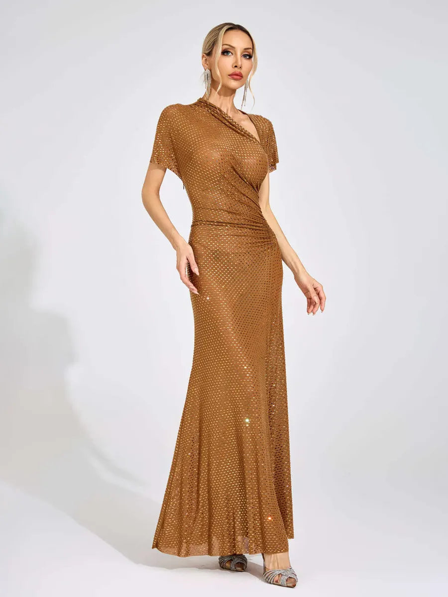 Rosalind Gold Asymmetric Maxi Dress
