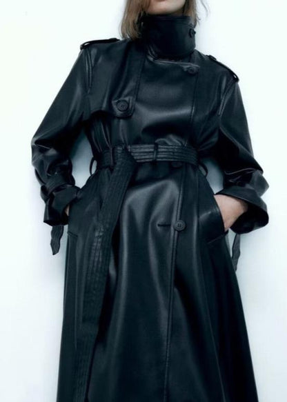 Long Leather Wind Coat With Belted Waist