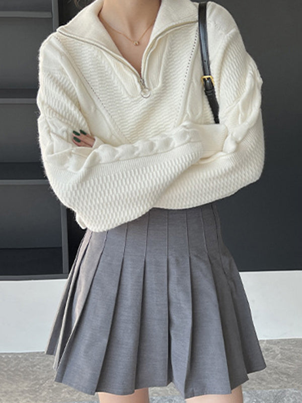 Simple Batwing Sleeves Long Sleeves Jacquard Solid Color Lapel Collar Sweater Tops