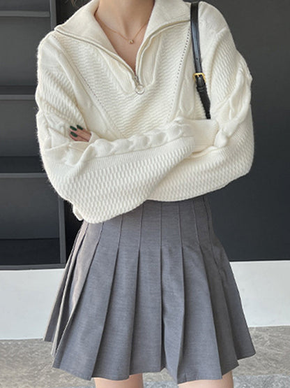 Simple Batwing Sleeves Long Sleeves Jacquard Solid Color Lapel Collar Sweater Tops