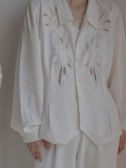 Loose Wrap Embroidered Hollow Solid Color Lapel Blouses&Shirts Tops