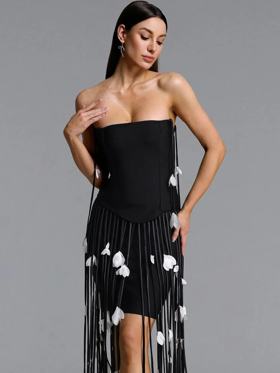 Arielle Strapless Leaf Fringe Bandage Mini Dress