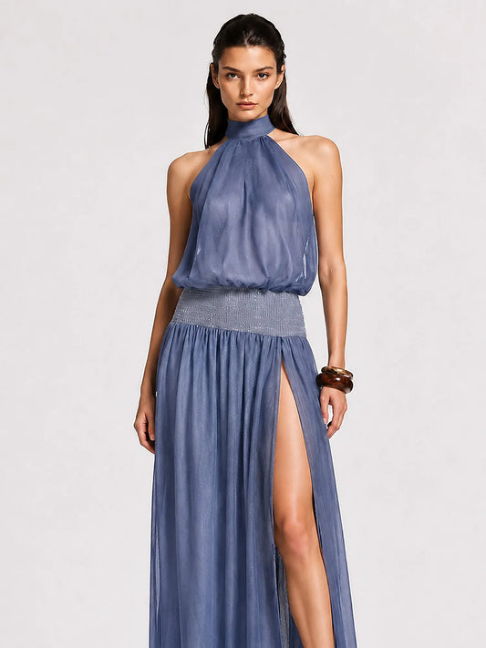 Beatrice Open-Back Halter-Neck Mesh Maxi Dress In Blue