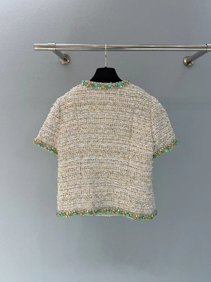 Chanel 2026 Side-button Short-sleeved Jacket Beige Green Polyamide Cotton