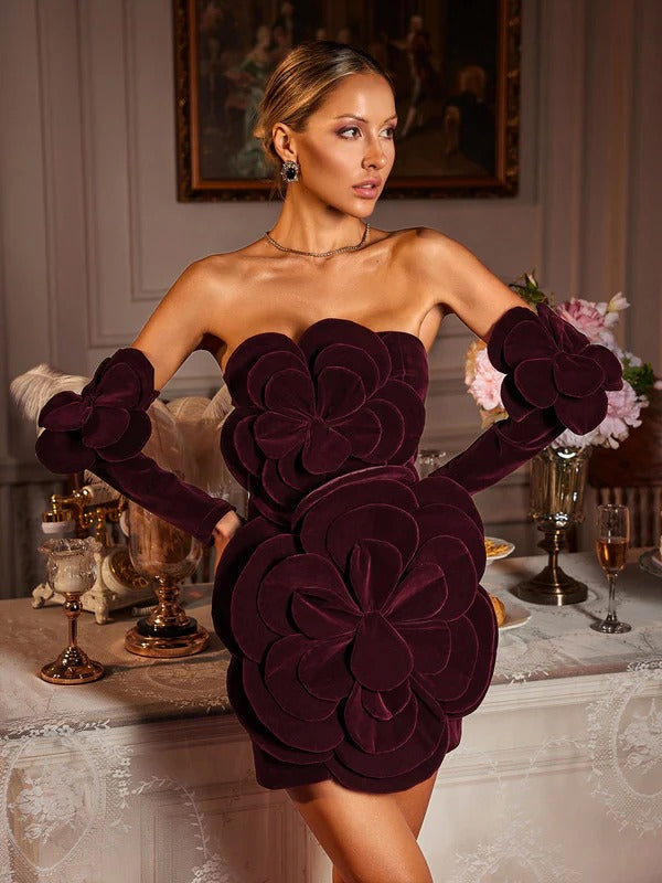 Vesse Flower Velvet Dress With Gloves