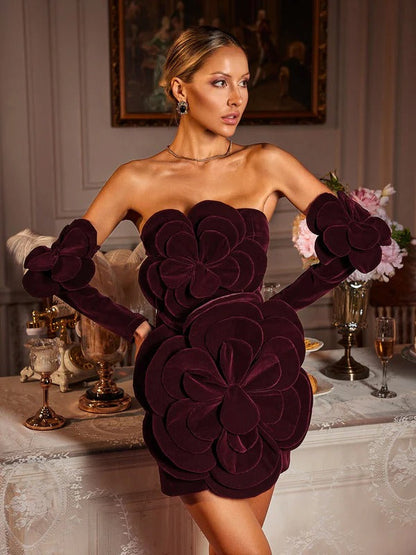Vesse Flower Velvet Dress With Gloves