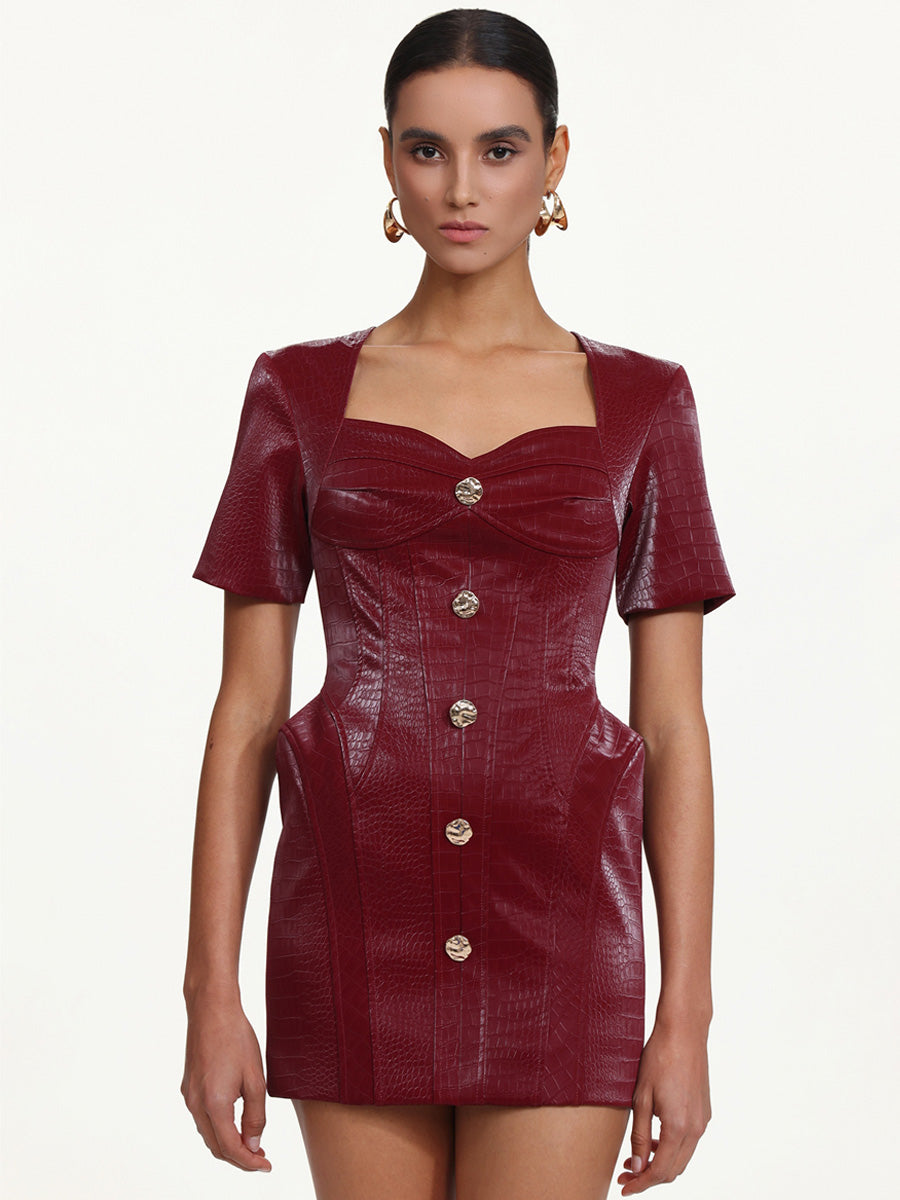 Jasmine Square Neck Buttoned Faux Leather Mini Dress