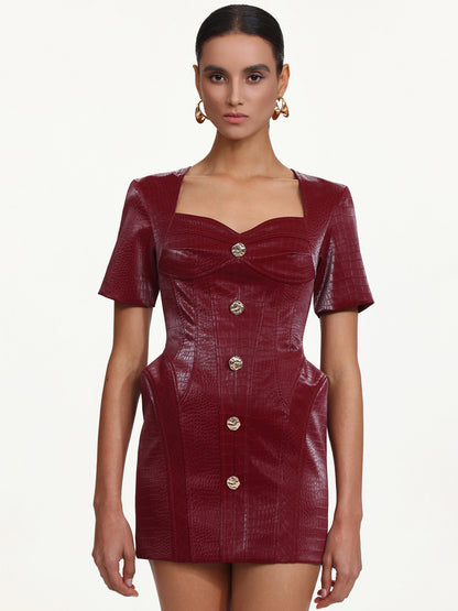 Jasmine Square Neck Buttoned Faux Leather Mini Dress