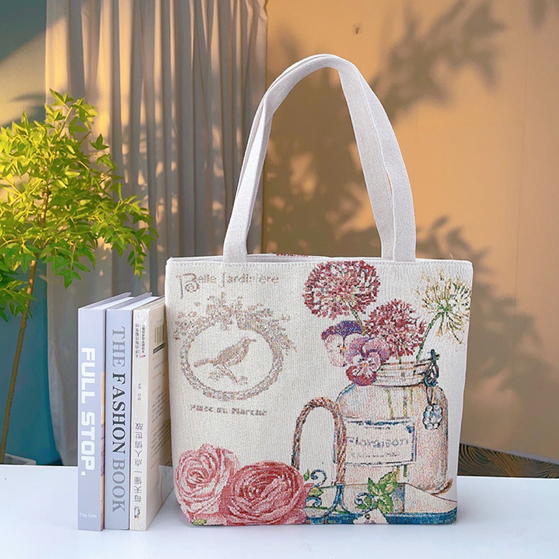 Cosbai - Flower-in-a-Bottle Embroidered Canvas Bag