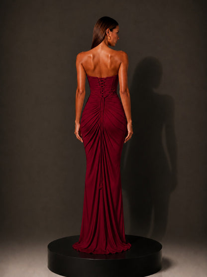 Isabella Strapless Ruched Bodycon Maxi Dress In Red