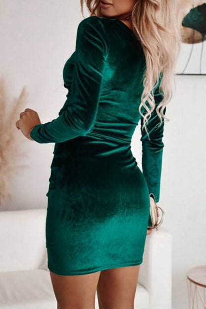 Velvet V-neck pleated fitted dress