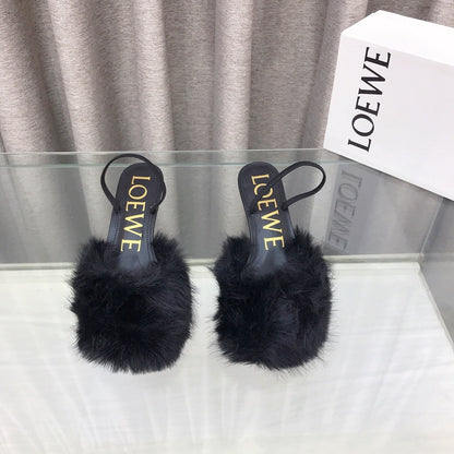 Loewe 25SS Fur-lined Mule 60 Black in Fox Fur 597435
