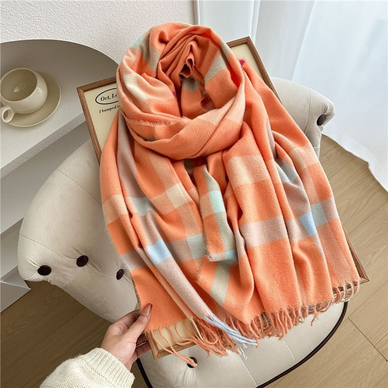 Color Block Plaid Fringe Scarf