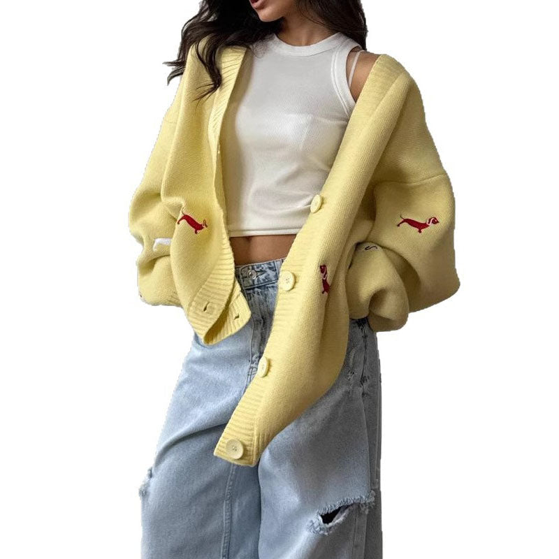 Cute Animal Embroidery V-Neck Oversized Cardigan