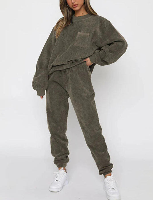 Solid Color Corduroy Casual Pullover Set