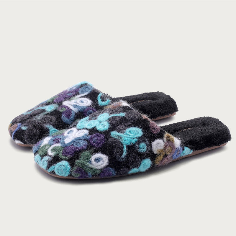 Flower Embroidery Soft Warm Plush Indoor Slippers