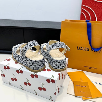 LV Maya Platform Sandals 6cm Grey Denim Beige Cowhide 572499