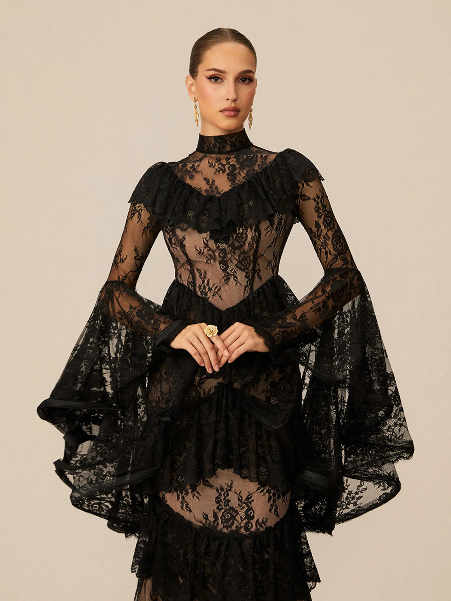 Elina Tiered Ruffle Sheer Lace Maxi Dress