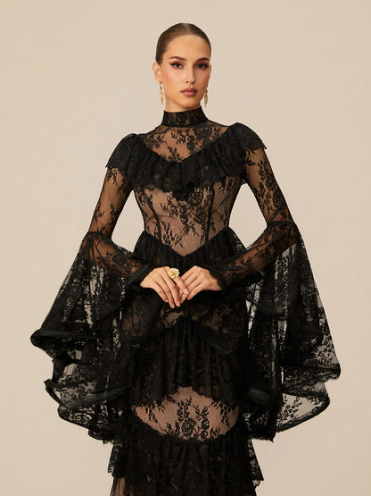 Elina Tiered Ruffle Sheer Lace Maxi Dress