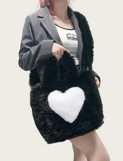 Large Capacity Fuzzy Heart Tote Shoulder Bag