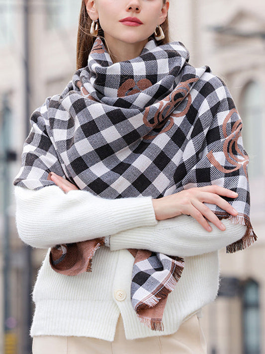 Fringed Keep Warm Knitted Flower Plaid Shawl&Scarf