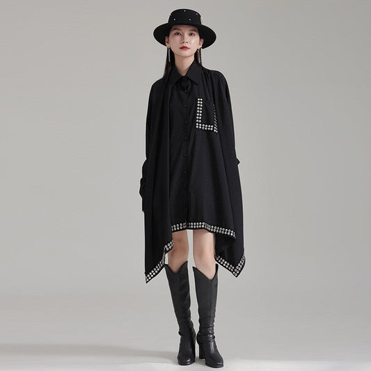Dark Polyester Loose Paneled Lapel Batwing Sleeve Dress