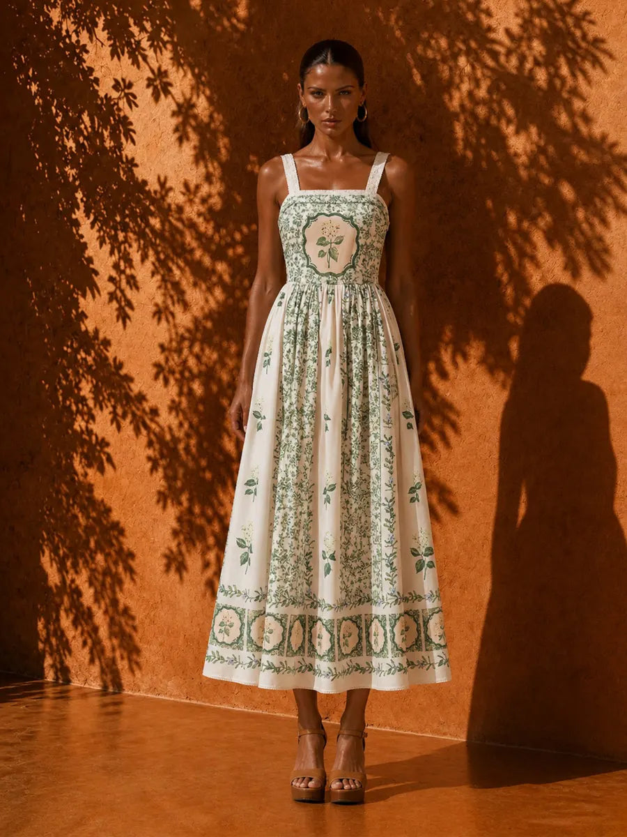 Elara Pearl-Accented Forest-Style Print Midi Dress