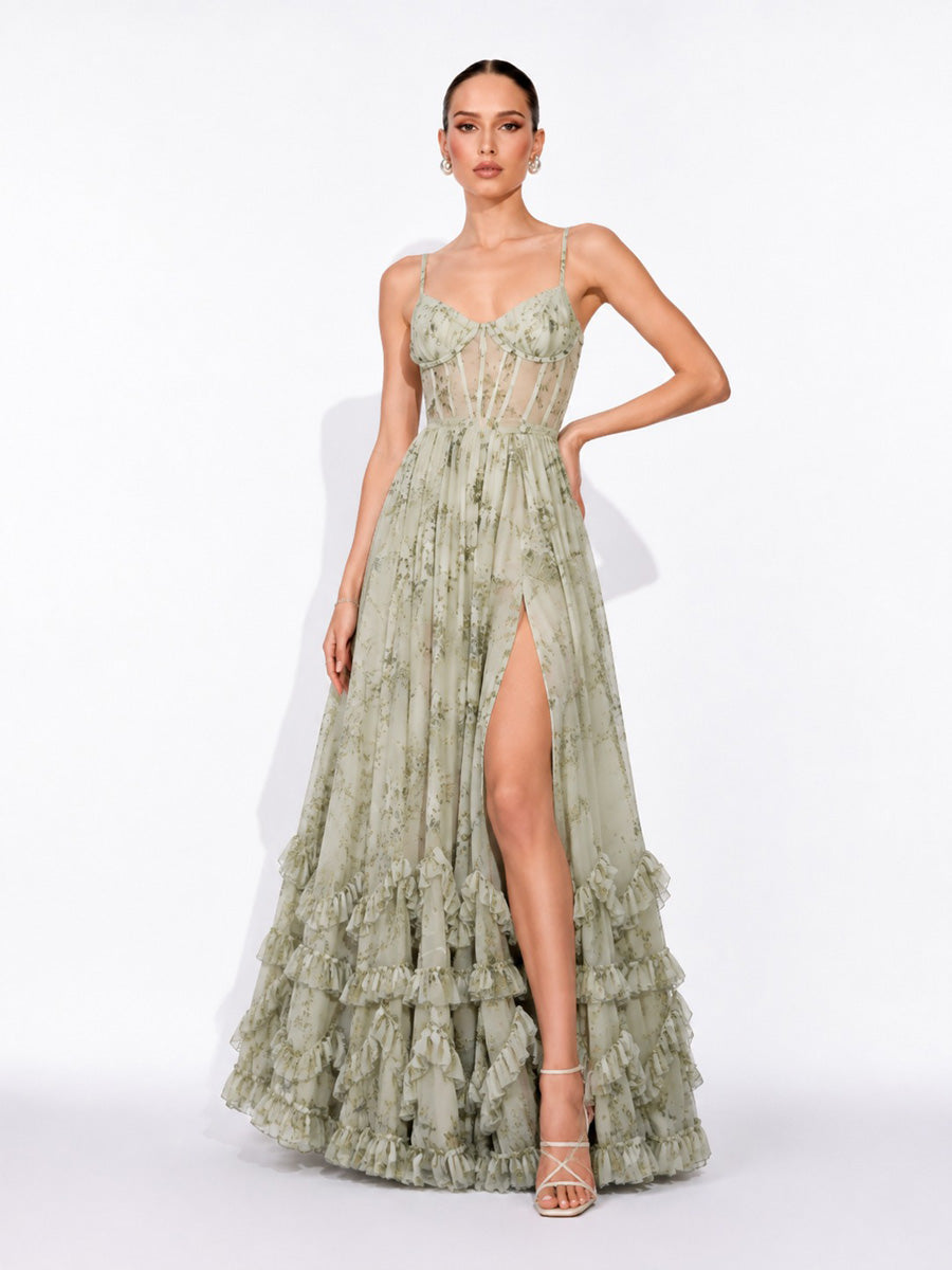 Annabel Ruffled Slit Maxi Dress In Green