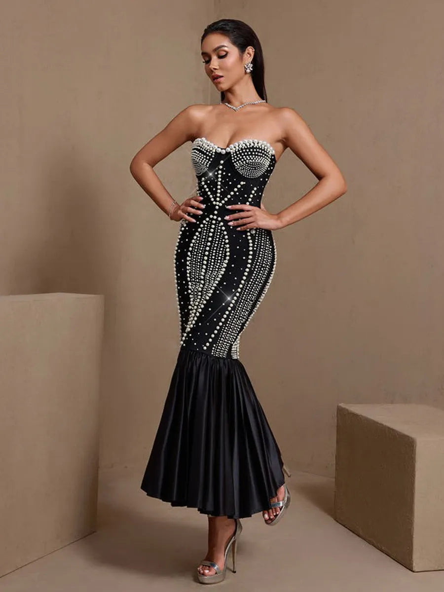 Katia Pearl Embroidered Fishtail Bandage Maxi Dress