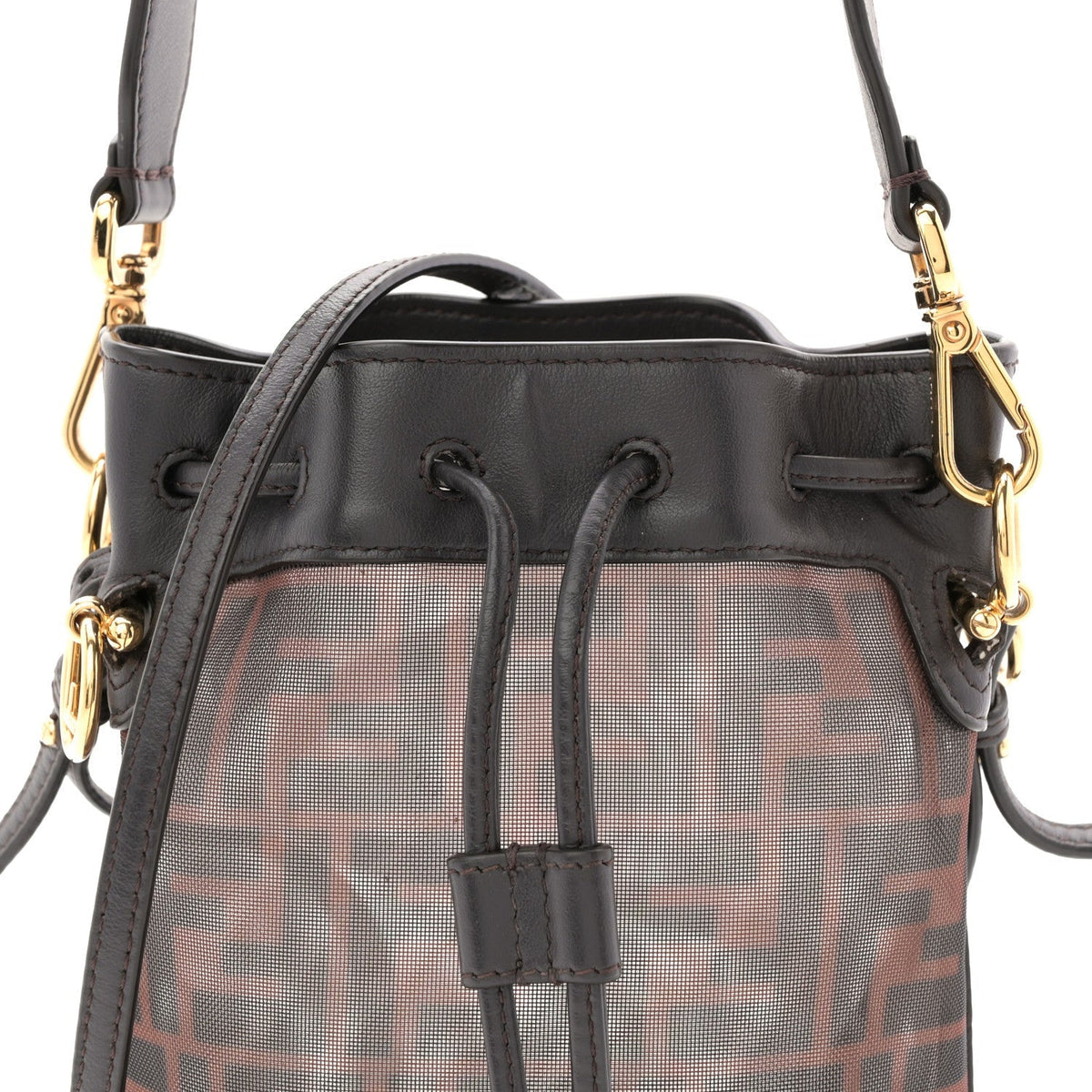 Mesh Vitello Grace F is Fendi FF 1974 Mini Mon Tresor Bucket Bag Marrone Black Ebano