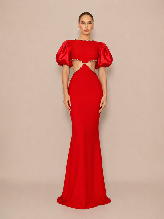 Anais Romantic Contour Puff Sleeve Cut Out Rhinestone Bandage Maxi Dress