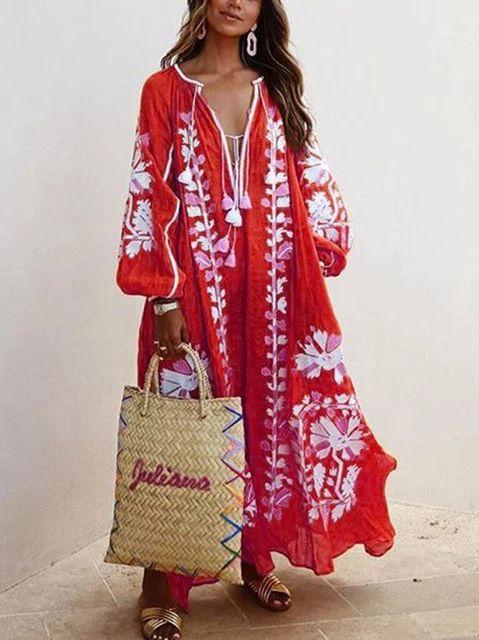 New Printed Loose Large Size V-Neck Midi Dress