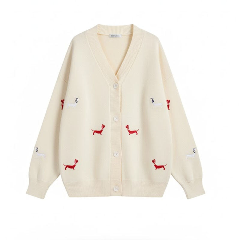 Cute Animal Embroidery V-Neck Oversized Cardigan