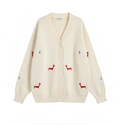 Cute Animal Embroidery V-Neck Oversized Cardigan