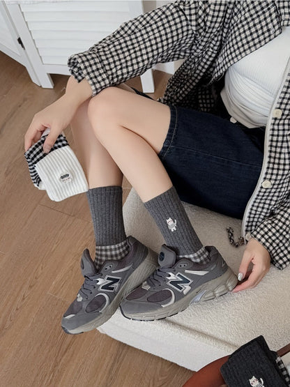 Rufia - Cute Cat Embroidery Plaid Socks for Women