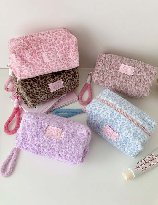 Cute Fuzzy Leopard Print Portable Makeup Bag