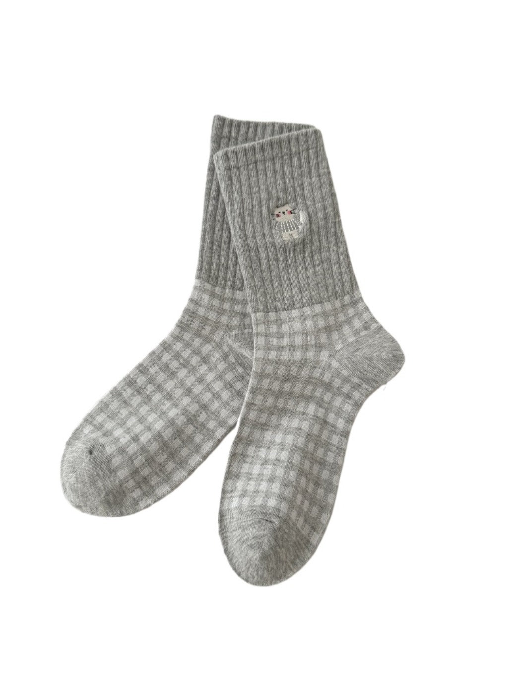 Rufia - Cute Cat Embroidery Plaid Socks for Women