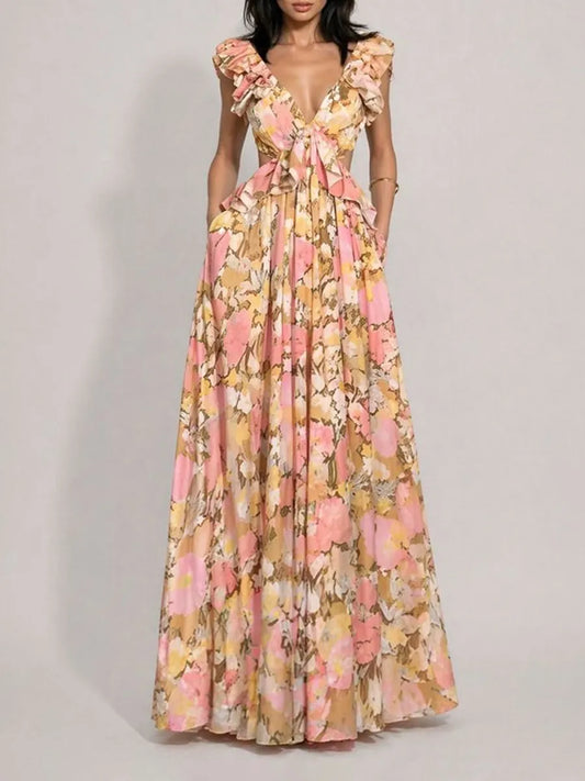 Marina Printed V-Neck Ruffled Cutout Sleeveless Maxi Dress