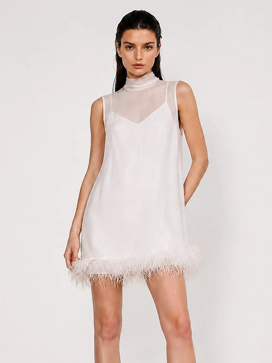 Anaya Feather-Trimmed Crew Neck Mini Dress